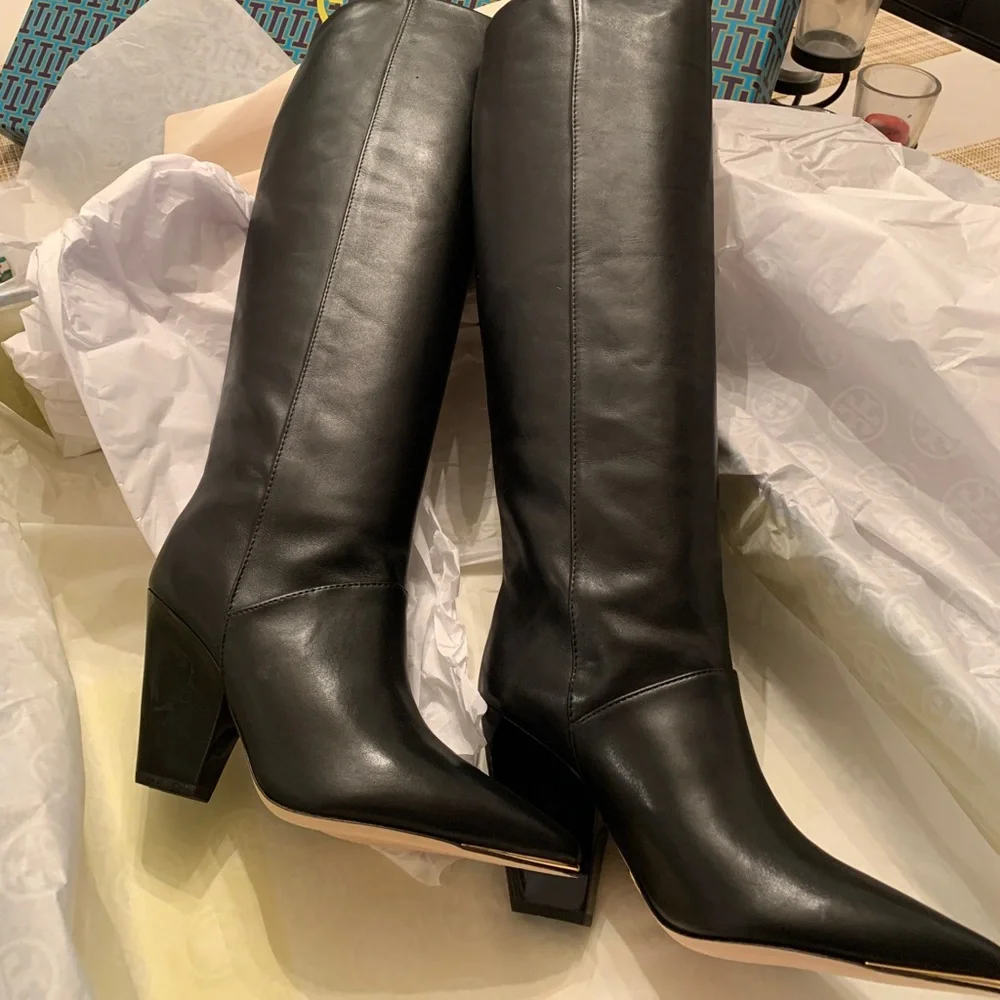 SOLD⛔️TORY BURCH SOFT LEATHER Knee high 3.6" heel pointy gold tip toe boots - Picture 10 of 16